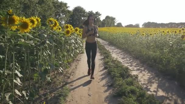 Söt löpare flicka körs över fältet. Hon lyssnar på musik i hörlurar. — Stockvideo