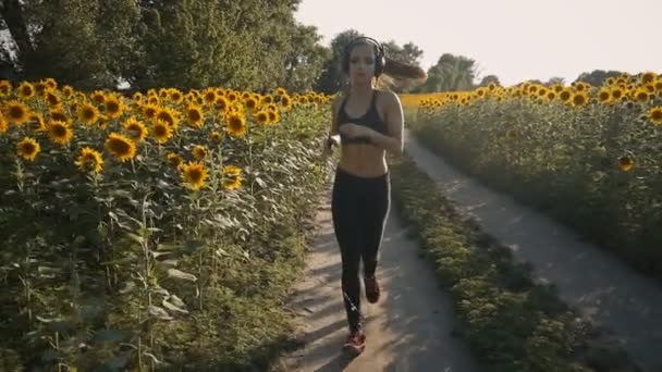 Linda chica corredora corre a través del campo. Ella escucha música en los auriculares . — Vídeo de stock