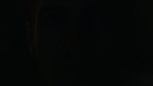 Genç adam geceleri bir film izlerken close-up. Yansıma yüzünde — Stok video