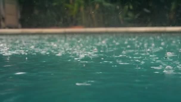 Regendruppels vallen in het water. Prachtig zwembad wateroppervlakte onder de regen. Slow motion — Stockvideo