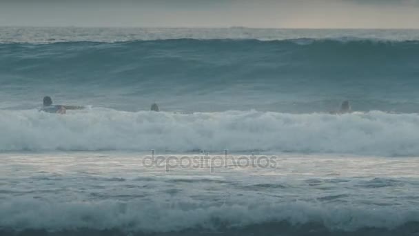 Surfers dive under the waves of the ocean. Bali, Indonesia — Stock Video