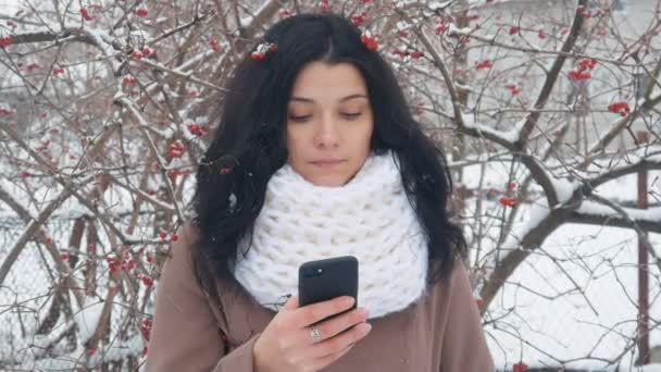 Joven mujer caucásica usando un teléfono inteligente en invierno tiempo nevado en el fondo viburnum — Vídeo de stock