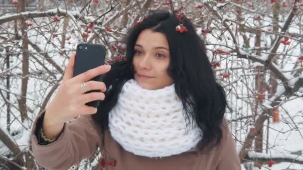Молодая женщина делает селфи с помощью смартфона зимой в снежном парке возле Вибурнума — стоковое видео