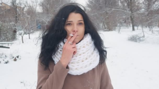 Jovem mulher atraente fuma um cigarro no inverno em um parque de neve — Vídeo de Stock