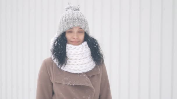 Porträt einer schönen jungen Frau mit Hut an einem verschneiten Wintertag im Freien — Stockvideo