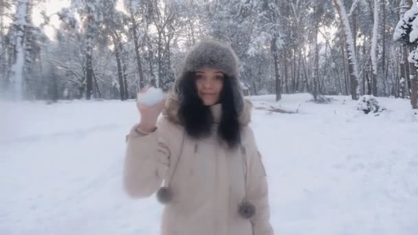 雪に覆われた冬の森で帽子の女性で若くて美しい肖像画 — ストック動画