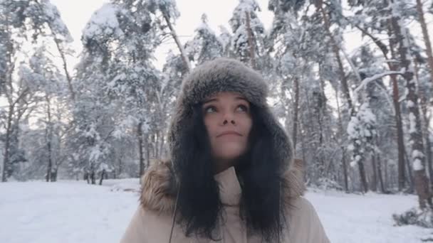 Молода жінка в капелюсі ходить в зимовому лісі. Портрет дівчини взимку в парку . — стокове відео