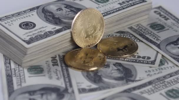 Χρυσά νομίσματα Bitcoins Btc περιστρεφόμενη στους λογαριασμούς των 100 δολαρίων. Σε όλο τον κόσμο εικονικό κρυπτονόμισμα internet και σύστημα ψηφιακής πληρωμής. — Αρχείο Βίντεο