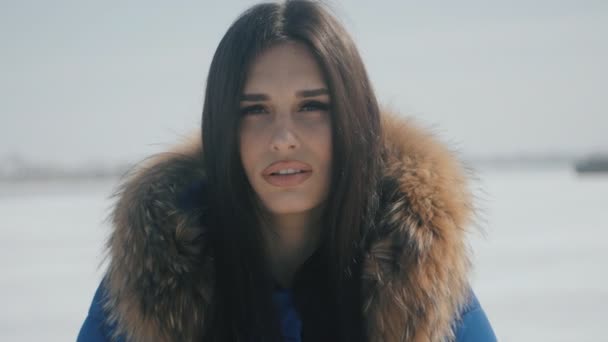 Porträt einer jungen schönen brünetten Frau im Winter auf schneebedecktem Hintergrund — Stockvideo