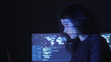 portre ile dolu veri merkezindeki bir bilgisayarda çalışan genç kadın programcı görüntüleme ekranları
