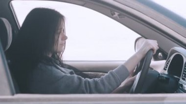 bir araba sürücüleri koltuk direksiyonuna oturan, sevimli genç bir kadın portresi.