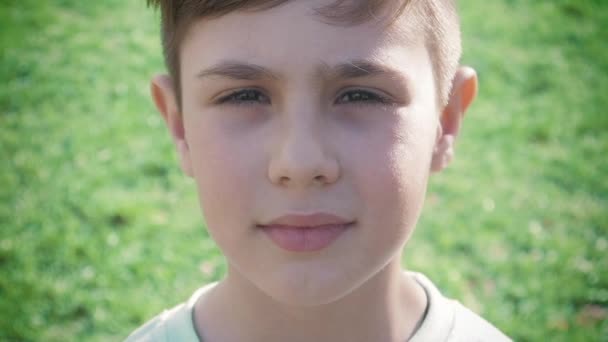 Primer plano retrato media cara de un niño de 10 años sobre un fondo de vegetación en primavera o verano . — Vídeos de Stock