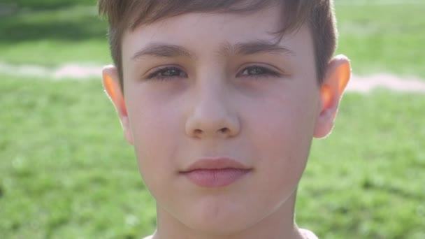 Portret chłopca, 10 lat na tle zieleni w wiosną lub latem. — Wideo stockowe
