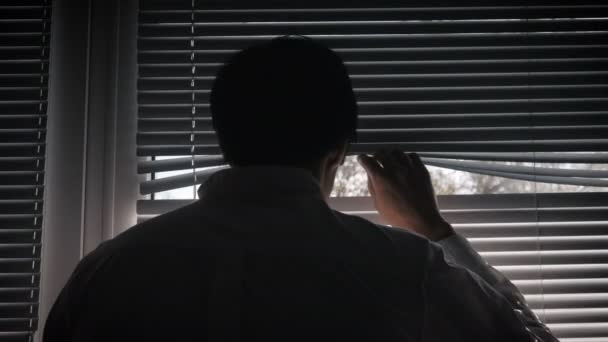 Silhouette of paranoid man looking through blinds — Stock Video