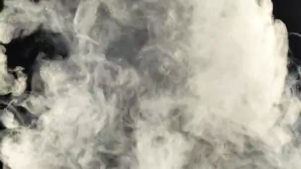 현실적 인 연기 구름 안개가 프레임을 뚫고 날아간다. 효과와 변화를 위한 좋은 영상이야. 검은 배경에 연기 구름 — 비디오