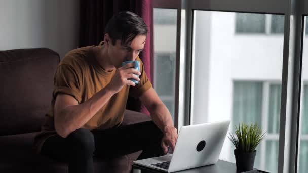 Joven guapo utiliza una computadora portátil y bebe café por la mañana mientras está sentado en casa en el sofá frente a la ventana . — Vídeo de stock