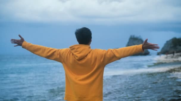 Обратный вид человека путешественника поднимает руки вверх, стоя на красивом тропическом пляже вечером. Свобода — стоковое видео