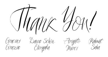 Set of grateful brush paint hand drawn lettering on white background. Thank you, Gracias, Grazie, Danke Schon, Arigato, Rahmat, Obrigada, Merci, Sahadesign templates for greeting cards, overlays, posters clipart