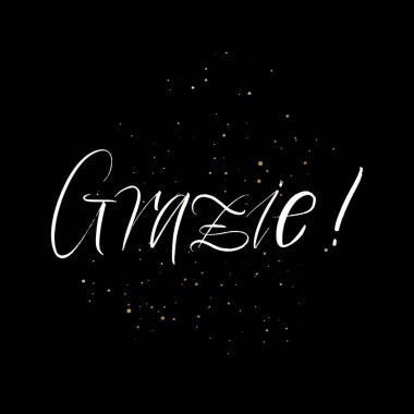 Siyah arkaplana çizilmiş fırça boyalı el yazısı ve sıçramalar. İtalyanca tebrik kartları, kaplamalar, posterler için şablonlar tasarladığınız için teşekkürler.