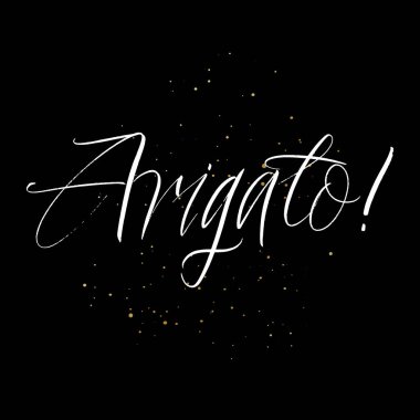 Arigato fırça fırçasıyla boyanmış el yazısı. Siyah arka planda lekeler var. Selamlama kartları, kaplamalar, posterler için Japon dili tasarım şablonları için teşekkürler