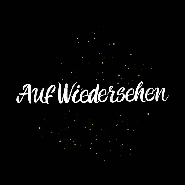 AufWiedersehen brush paint hand drawn lettering on black background with splashes. Parting in german language design templates for greeting cards, overlays, posters — Stock Vector