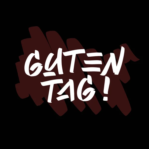 Guten Tag πινέλο ζωγραφισμένα στο χέρι γράμματα σε μαύρο φόντο με πιτσιλιές. Χαιρετισμός σε γερμανικά πρότυπα γλωσσικού σχεδιασμού για ευχετήριες κάρτες, επικαλύψεις, αφίσες — Διανυσματικό Αρχείο