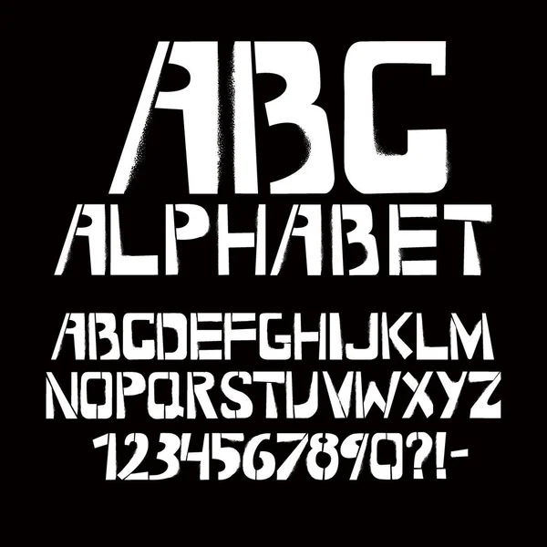 Stencil typeface with spray texture. Painted vector uppercase characters on black background. Typography alphabet for your designs: logo, typeface, card — Stock Vector