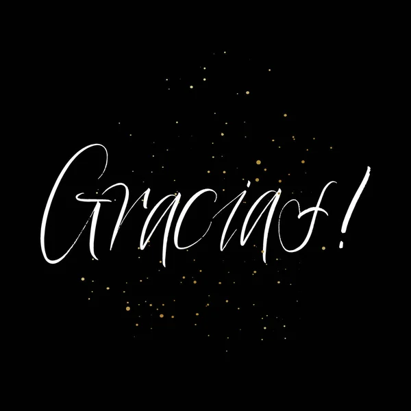 Gracias brush paint hand drawn lettering on black background with splashes. Thanks in spanish language design  templates for greeting cards, overlays, posters — Stock Vector