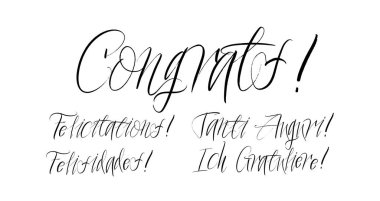 Set of congrats brush paint hand drawn lettering on white background. Felicitations, Felisidades, Tanti Auguri, Ich Gratuliere design templates for greeting cards, overlays, posters clipart