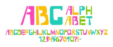 Sprey desenli şablon yazı tipi. Beyaz arkaplanda renkli vektör büyük harf. Tasarımlarınız için tipografi alfabesi: logo, yazı tipi, kart