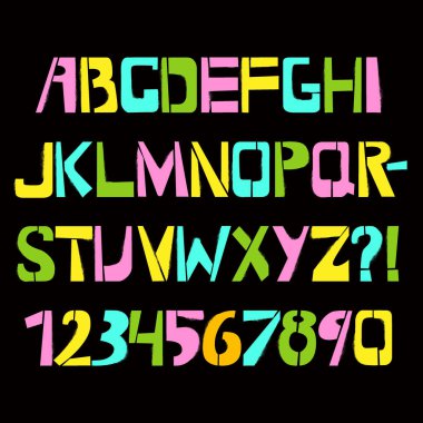 Sprey desenli şablon yazı tipi. Siyah arkaplanda boyalı vektör büyük harf. Tasarımlarınız için tipografi alfabesi: logo, yazı tipi, kart