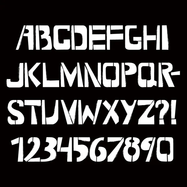 Шрифт трафарету з текстурою розпилення. Розфарбовані векторні символи верхнього регістру на чорному тлі. Алфавіт типографіки для ваших дизайнів: логотип, шрифт, картка — стоковий вектор
