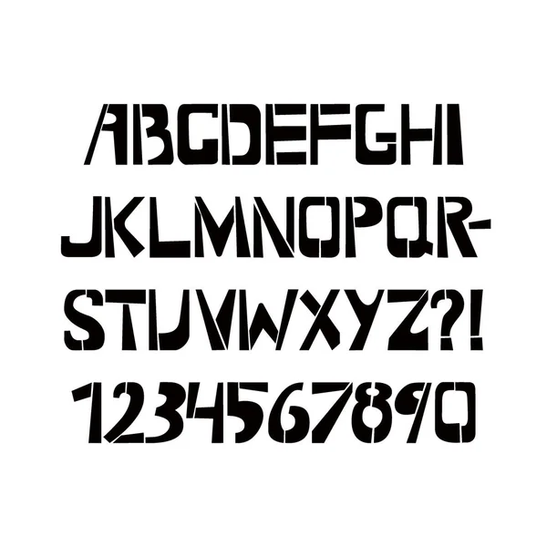 ステンシル書体。白い背景にベクトル大文字で描かれています。デザインのタイポグラフィアルファベット:ロゴ、書体、カード — ストックベクタ