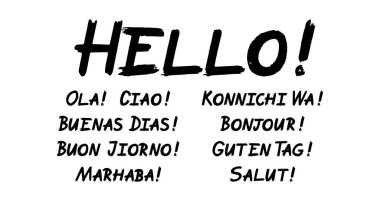 Beyaz arka planda harflerle çizilmiş Hello fırça el boyası seti. Ola, Ciao, Buenas Dias, Buon Jiorno, Marhaba, Konnichi Wa, Bonjoir, Guten Tag, tebrik kartları için Salut tasarım şablonları, posterleri