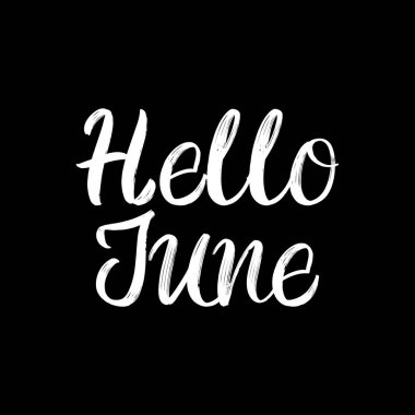 Merhaba June fırça el boyası. Siyah arka planda harfler çizilmiş. Tebrik kartları, kaplamalar, posterler için şablonlar tasarla