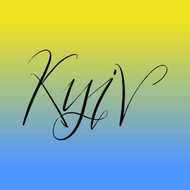 Kyiv fırça fırçasının el yazısı arka planda bayrak ile yazılmış. Ukrayna 'nın başkenti tebrik kartları, kaplamalar, posterler için şablonlar tasarlıyor