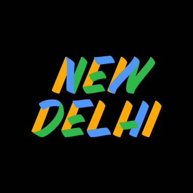 Yeni Delhi tabela fırça boya harfleri siyah arka planda. Hindistan 'ın başkenti tebrik kartları, kaplamalar, posterler için şablonlar tasarlıyor