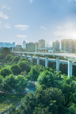 Güzel yeşil alan ve Shanghai manzarası arka planda