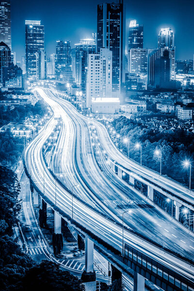 Aerial View of Shanghai overpass at Night in China.