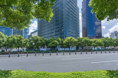 Ağacın önünde ofis binası boş asfalt yol ile.