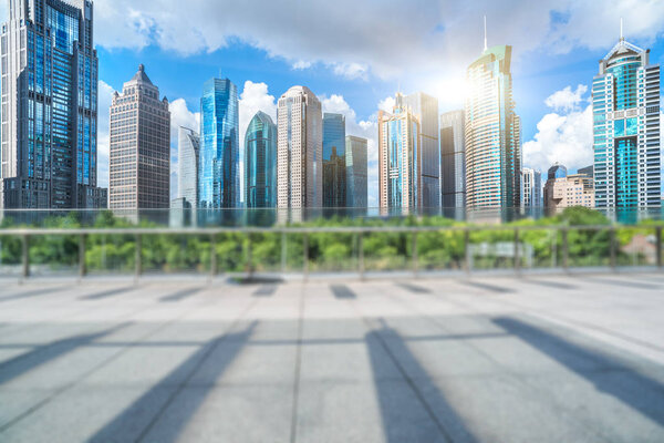 empty brick floor front of modern building in Shanghai.
