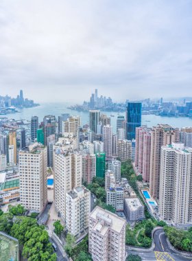 Hong Kong finansal bölgesinin yüksek açılı görünüş
