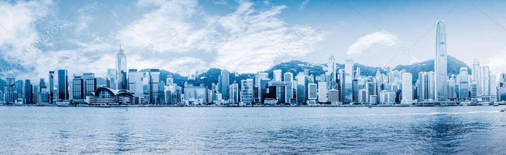 panoramic view of victoria harbor in Hong Kong