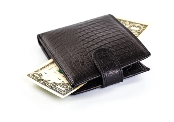 Ανδρικό πορτοφόλι μαύρο χρήματα σε μετρητά λευκό φόντο — Φωτογραφία Αρχείου