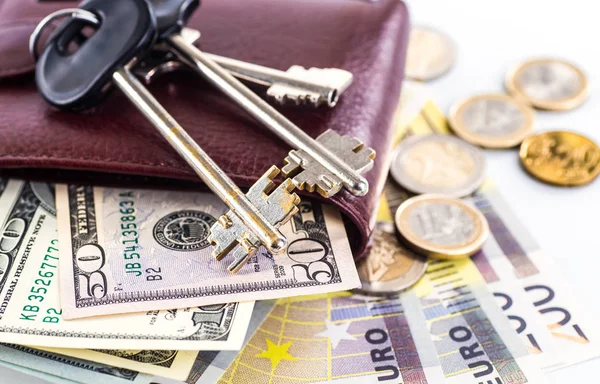Erkek cüzdan para nakit beyaz arka planda — Stok fotoğraf