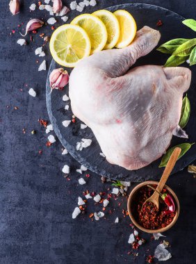 koyu arka plan üzerinde sebze ile taze çiğ tavuk budu