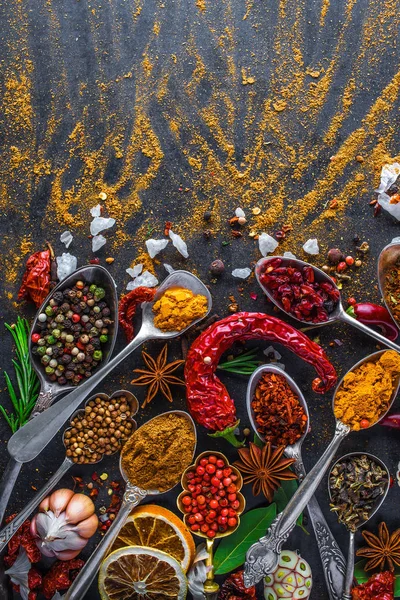 Spices and herbs in metal bowls. Food and cuisine ingredients. C — Stock Photo, Image