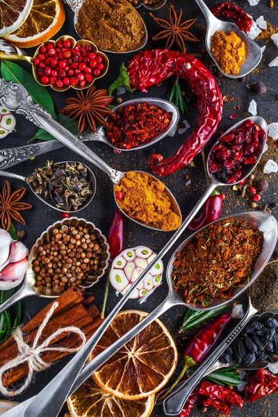 Spices and herbs in metal bowls. Food and cuisine ingredients. C — Stock Photo, Image