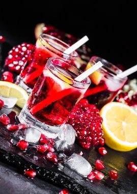 Taze kırmızı suyu nar taneleri ve buz ile kokteyl
