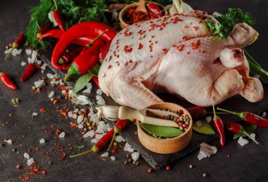 Baharat boşaltmak vintage zemin üzerine taze tavuk, 